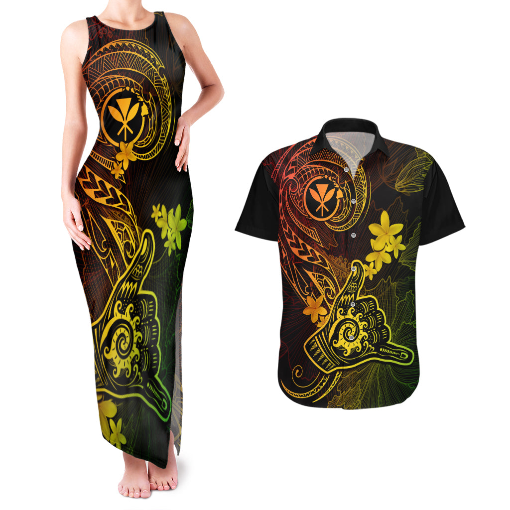 Hawaii Couples Matching Tank Maxi Dress and Hawaiian Shirt Shaka Tattoo Mix Polynesian Plumeria Reggae Version - Wonder Print Shop