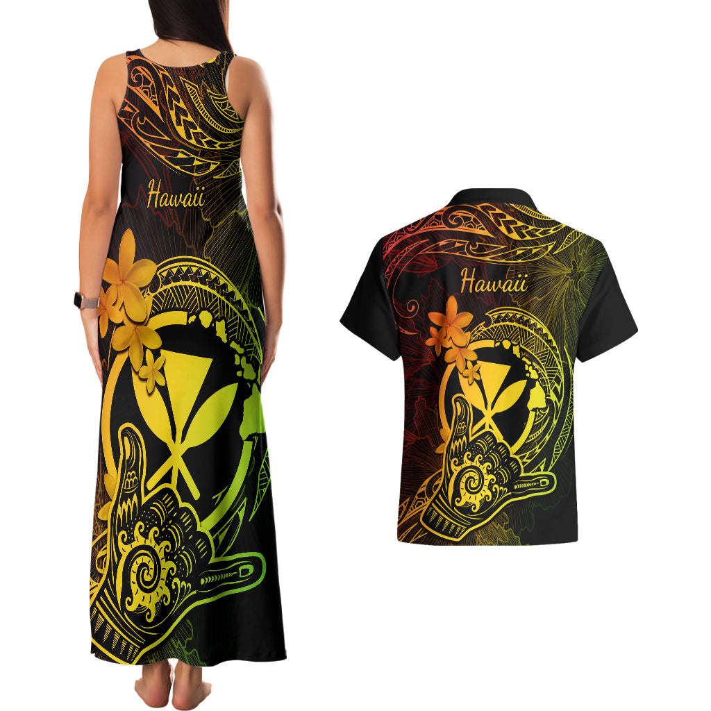Hawaii Couples Matching Tank Maxi Dress and Hawaiian Shirt Shaka Tattoo Mix Polynesian Plumeria Reggae Version - Wonder Print Shop