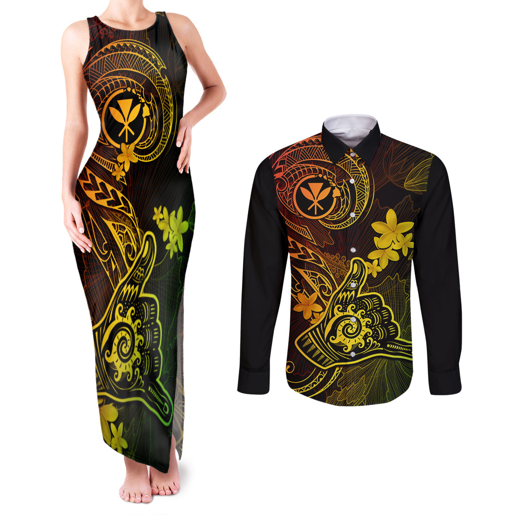 Hawaii Couples Matching Tank Maxi Dress and Long Sleeve Button Shirts Shaka Tattoo Mix Polynesian Plumeria Reggae Version - Wonder Print Shop