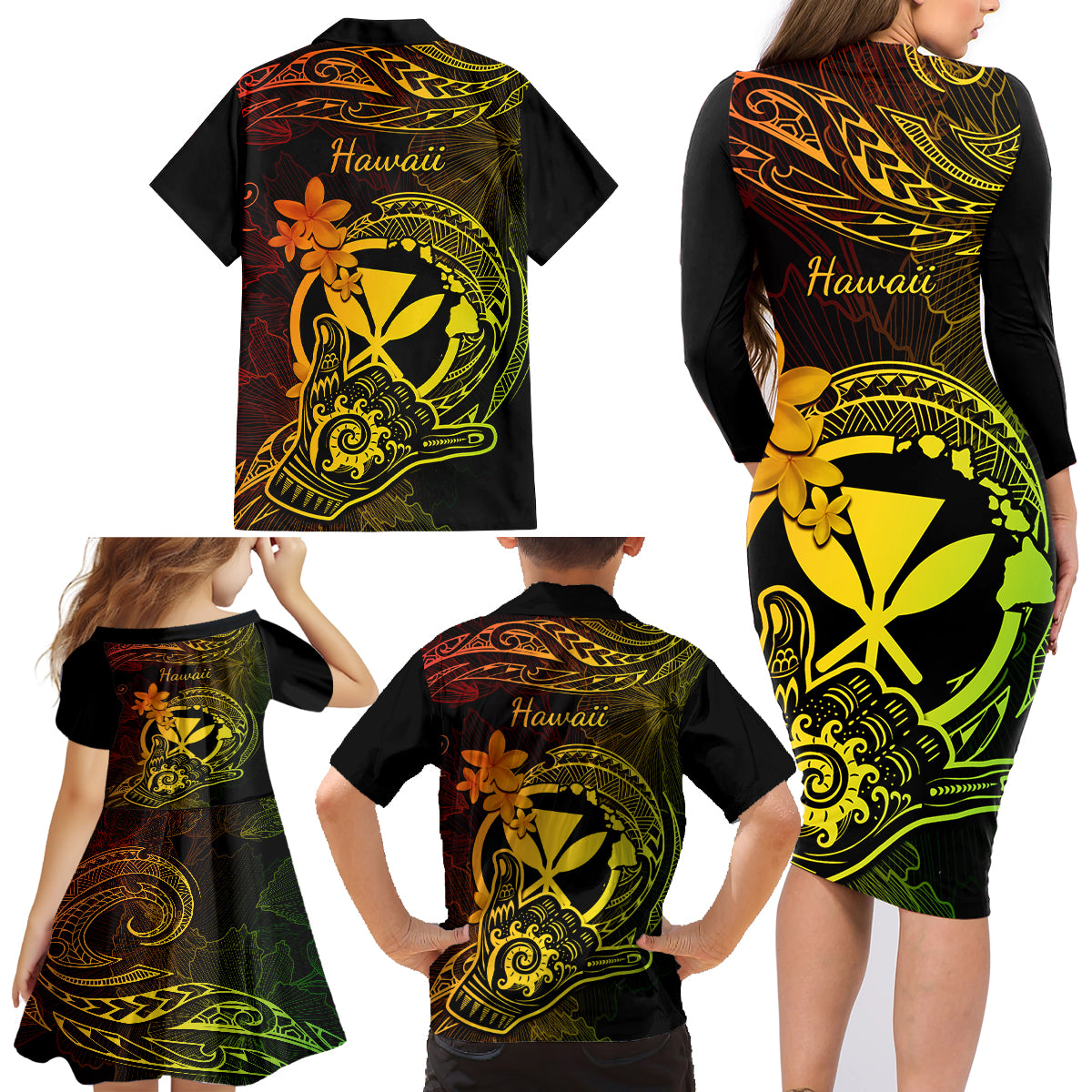 Hawaii Family Matching Long Sleeve Bodycon Dress and Hawaiian Shirt Shaka Tattoo Mix Polynesian Plumeria Reggae Version - Wonder Print Shop