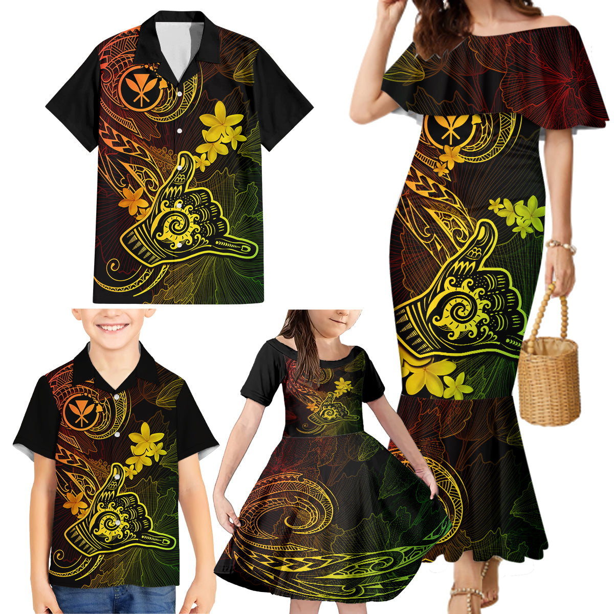 Hawaii Family Matching Mermaid Dress and Hawaiian Shirt Shaka Tattoo Mix Polynesian Plumeria Reggae Version - Wonder Print Shop