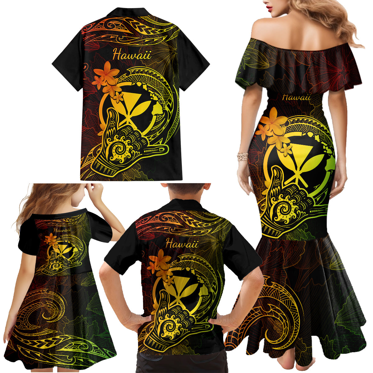 Hawaii Family Matching Mermaid Dress and Hawaiian Shirt Shaka Tattoo Mix Polynesian Plumeria Reggae Version - Wonder Print Shop