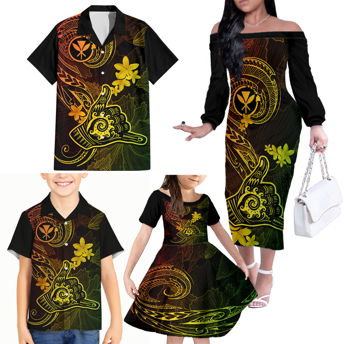 Hawaii Family Matching Off Shoulder Long Sleeve Dress and Hawaiian Shirt Shaka Tattoo Mix Polynesian Plumeria Reggae Version - Wonder Print Shop