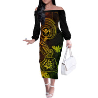 Hawaii Family Matching Off Shoulder Long Sleeve Dress and Hawaiian Shirt Shaka Tattoo Mix Polynesian Plumeria Reggae Version - Wonder Print Shop