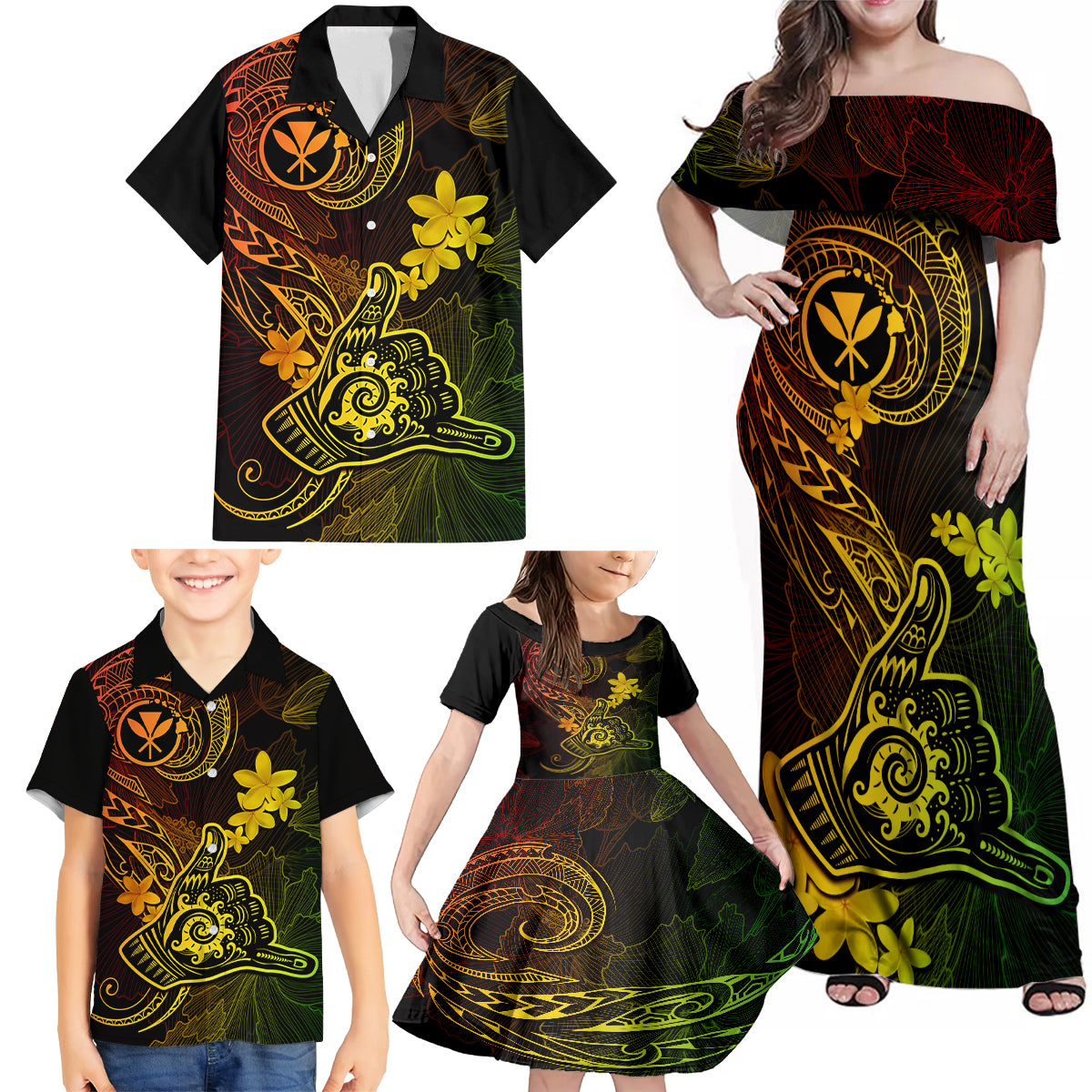 Hawaii Family Matching Off Shoulder Maxi Dress and Hawaiian Shirt Shaka Tattoo Mix Polynesian Plumeria Reggae Version - Wonder Print Shop