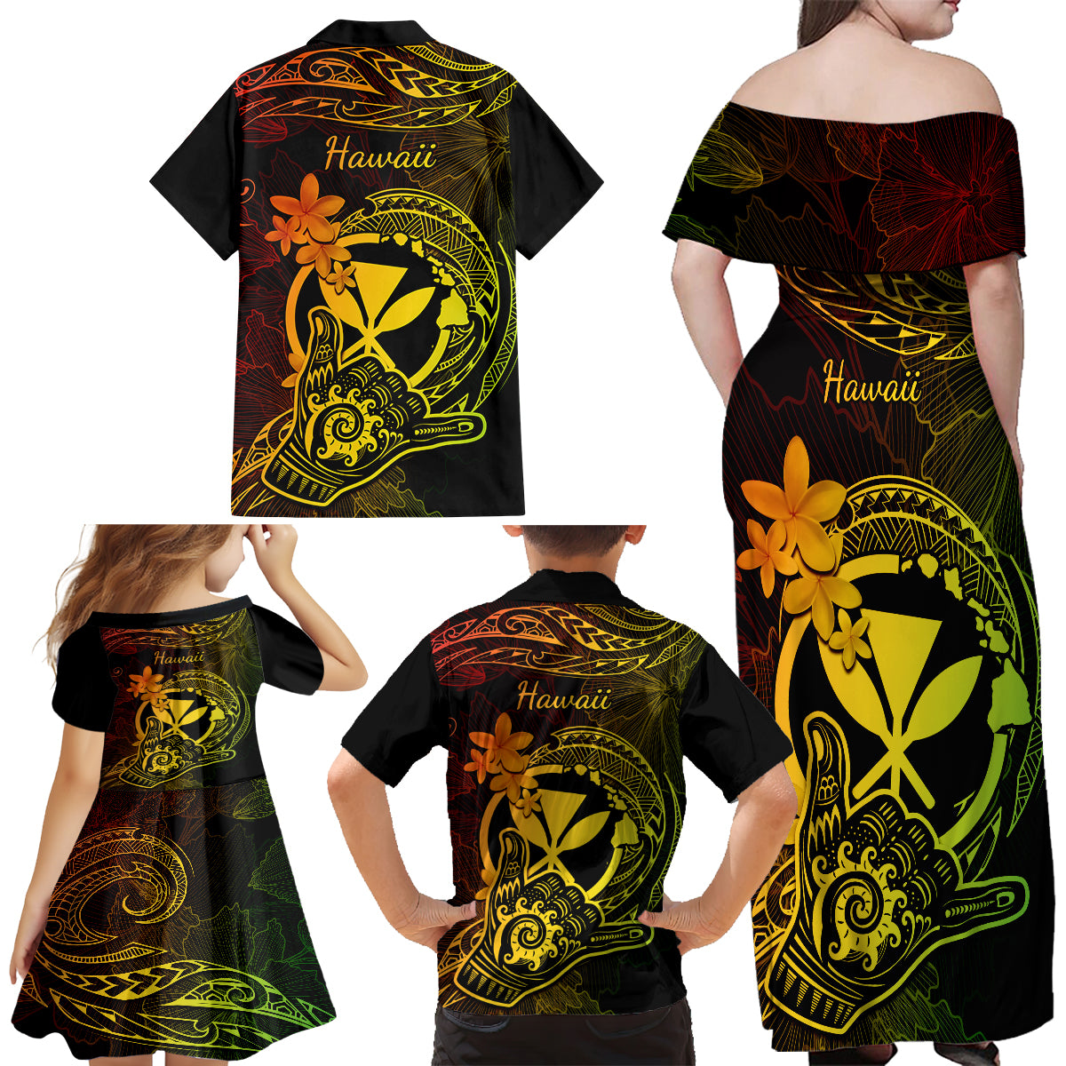 Hawaii Family Matching Off Shoulder Maxi Dress and Hawaiian Shirt Shaka Tattoo Mix Polynesian Plumeria Reggae Version - Wonder Print Shop