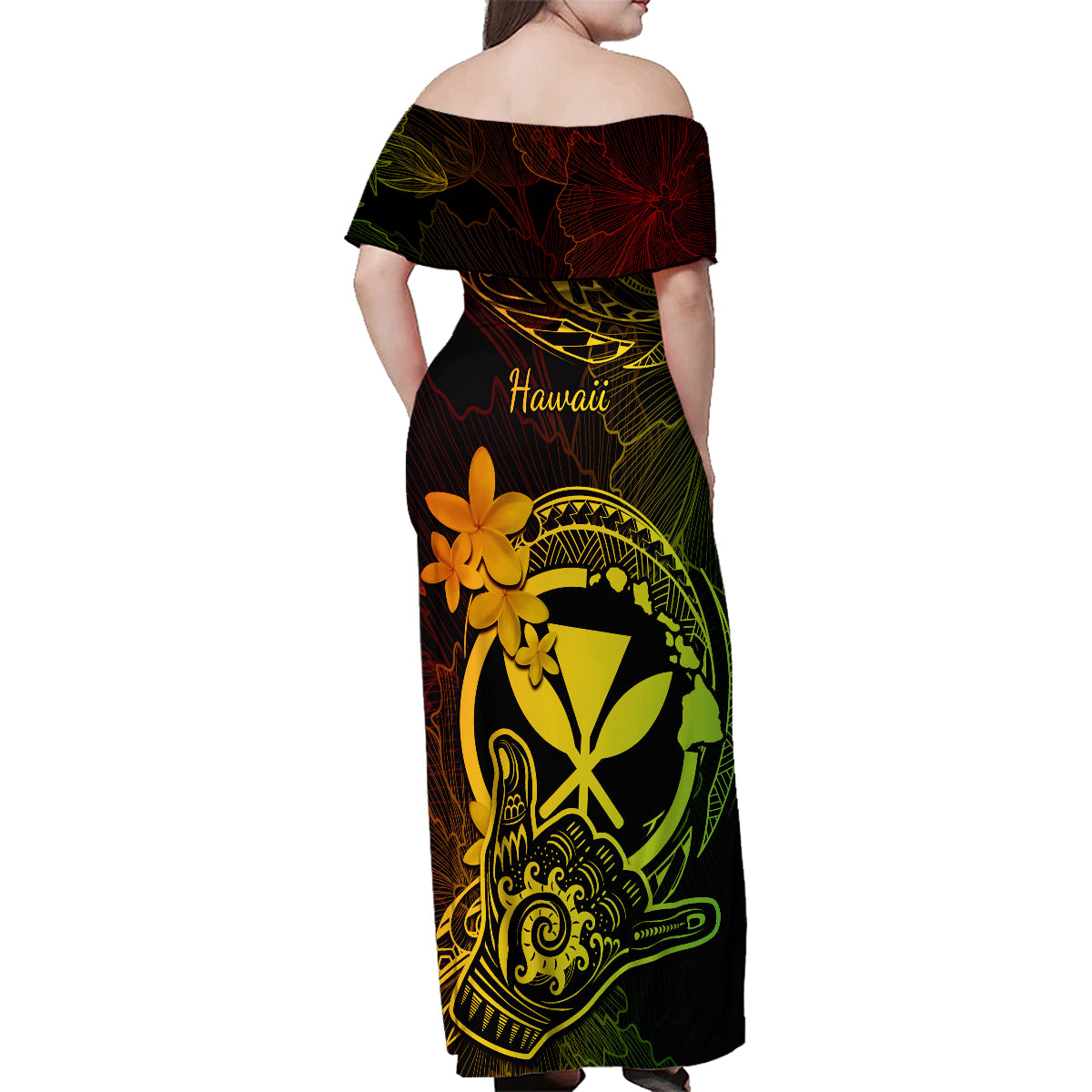 Hawaii Family Matching Off Shoulder Maxi Dress and Hawaiian Shirt Shaka Tattoo Mix Polynesian Plumeria Reggae Version - Wonder Print Shop