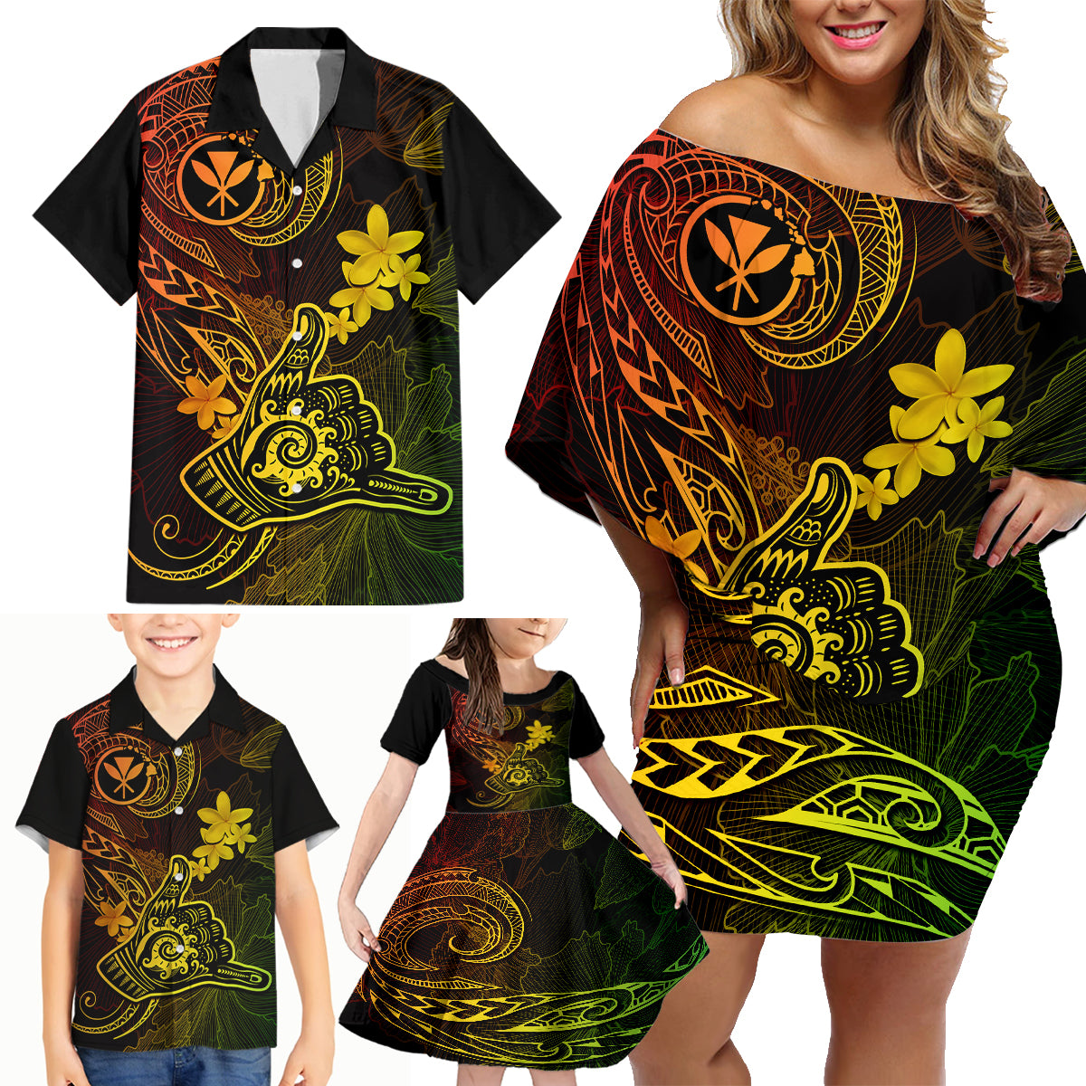 Hawaii Family Matching Off Shoulder Short Dress and Hawaiian Shirt Shaka Tattoo Mix Polynesian Plumeria Reggae Version - Wonder Print Shop