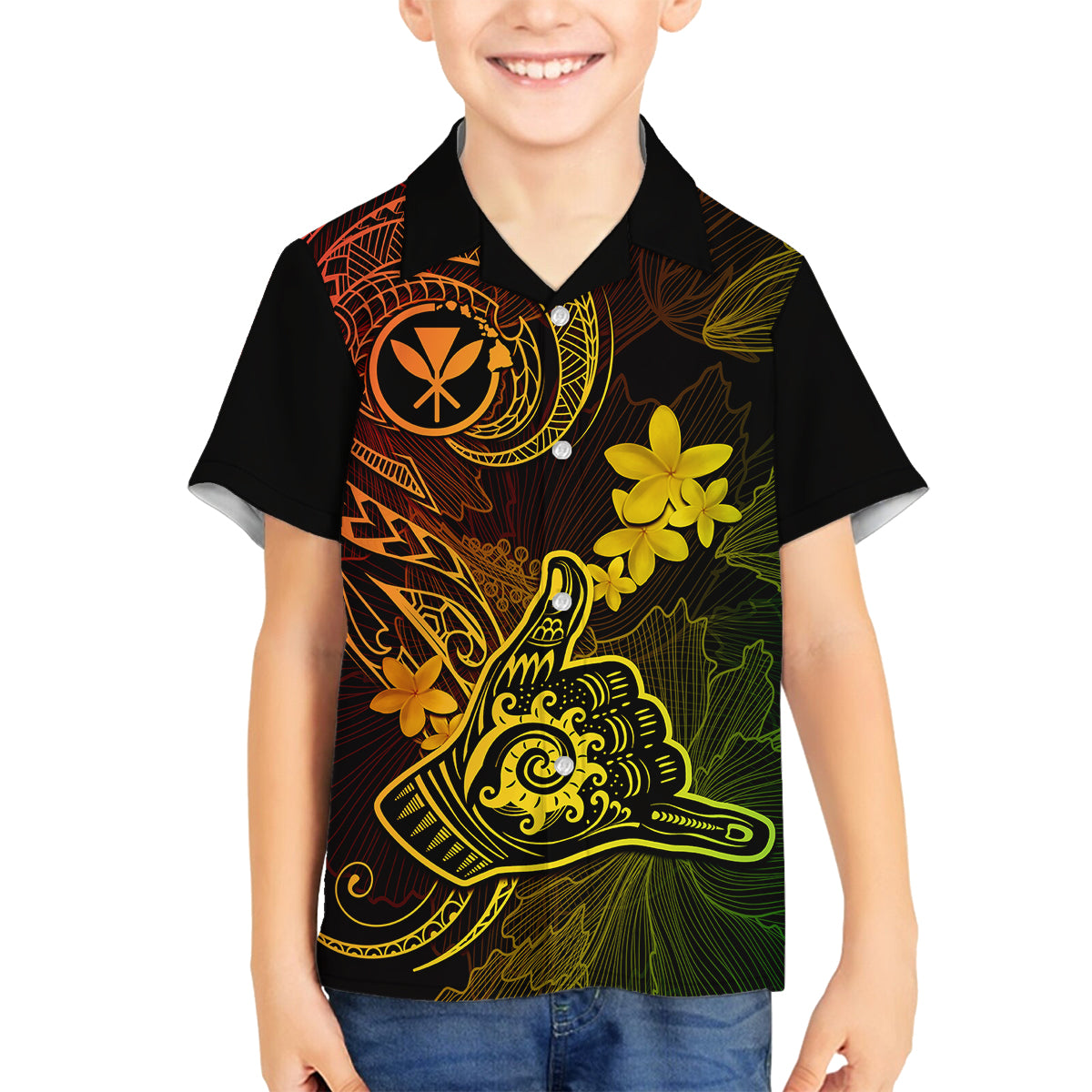 Hawaii Family Matching Off Shoulder Short Dress and Hawaiian Shirt Shaka Tattoo Mix Polynesian Plumeria Reggae Version - Wonder Print Shop