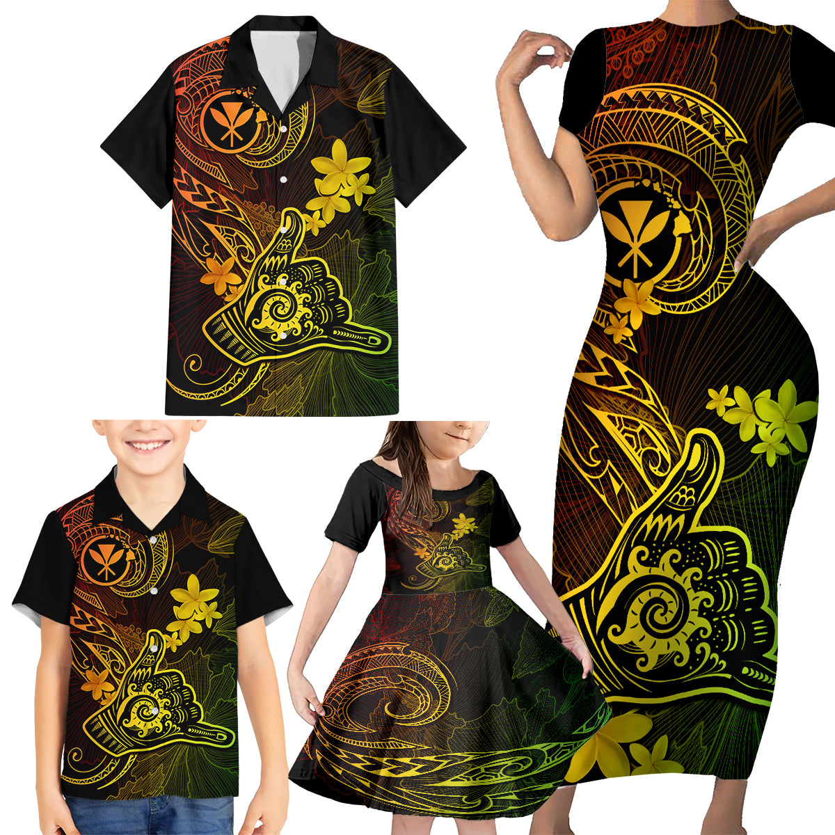 Hawaii Family Matching Short Sleeve Bodycon Dress and Hawaiian Shirt Shaka Tattoo Mix Polynesian Plumeria Reggae Version - Wonder Print Shop