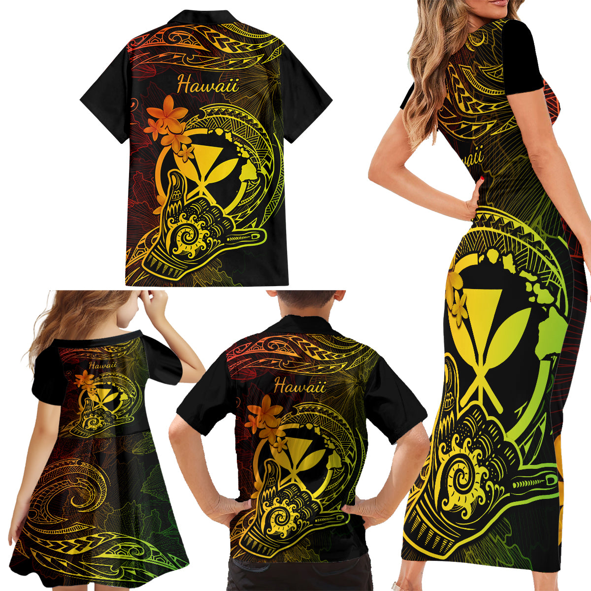 Hawaii Family Matching Short Sleeve Bodycon Dress and Hawaiian Shirt Shaka Tattoo Mix Polynesian Plumeria Reggae Version - Wonder Print Shop