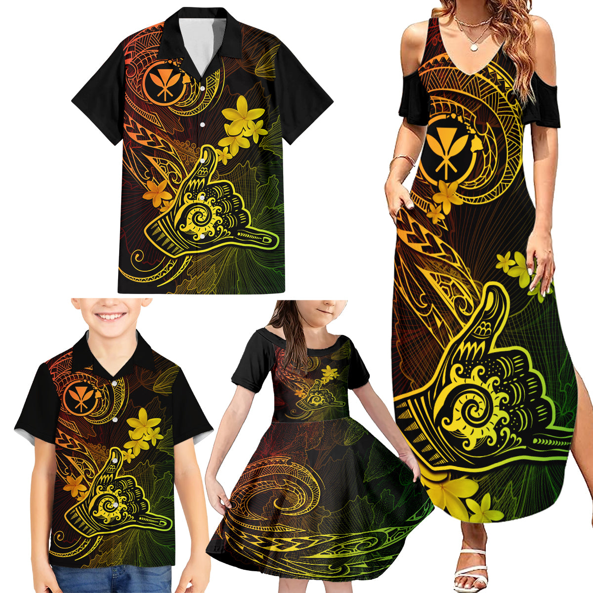 Hawaii Family Matching Summer Maxi Dress and Hawaiian Shirt Shaka Tattoo Mix Polynesian Plumeria Reggae Version - Wonder Print Shop