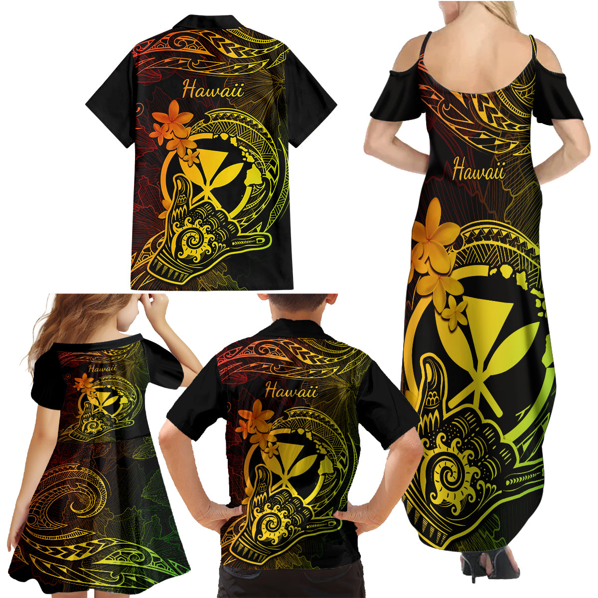 Hawaii Family Matching Summer Maxi Dress and Hawaiian Shirt Shaka Tattoo Mix Polynesian Plumeria Reggae Version - Wonder Print Shop
