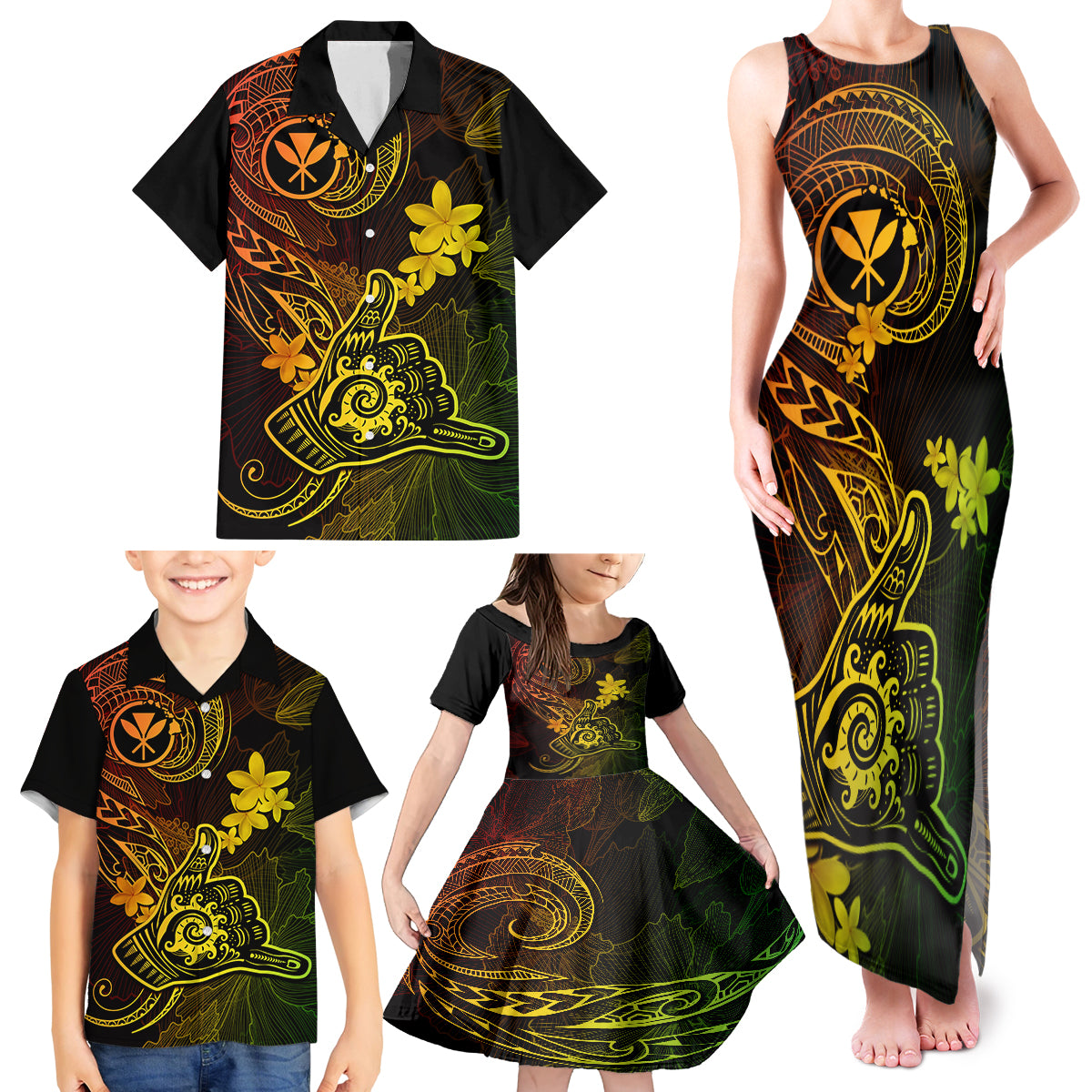 Hawaii Family Matching Tank Maxi Dress and Hawaiian Shirt Shaka Tattoo Mix Polynesian Plumeria Reggae Version - Wonder Print Shop