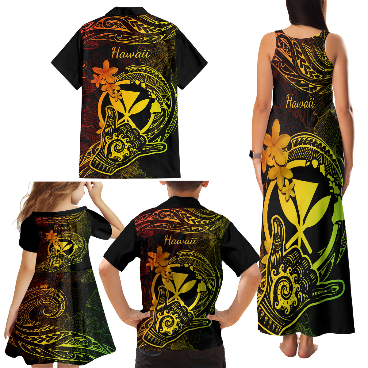 Hawaii Family Matching Tank Maxi Dress and Hawaiian Shirt Shaka Tattoo Mix Polynesian Plumeria Reggae Version - Wonder Print Shop