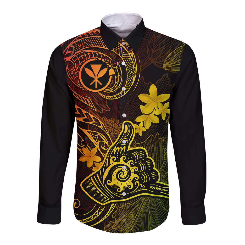 Hawaii Long Sleeve Button Shirt Shaka Tattoo Mix Polynesian Plumeria Reggae Version - Wonder Print Shop