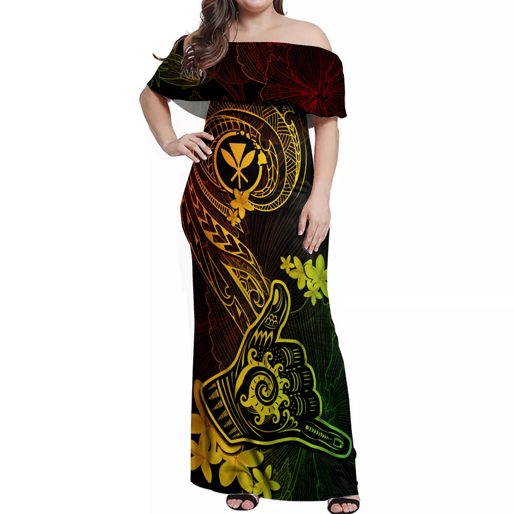 Hawaii Off Shoulder Maxi Dress Shaka Tattoo Mix Polynesian Plumeria Reggae Version - Wonder Print Shop
