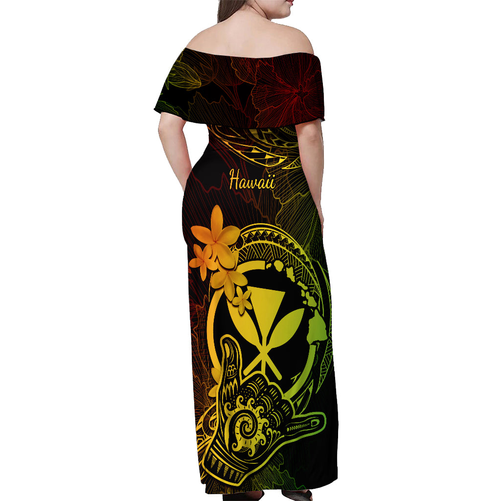 Hawaii Off Shoulder Maxi Dress Shaka Tattoo Mix Polynesian Plumeria Reggae Version - Wonder Print Shop