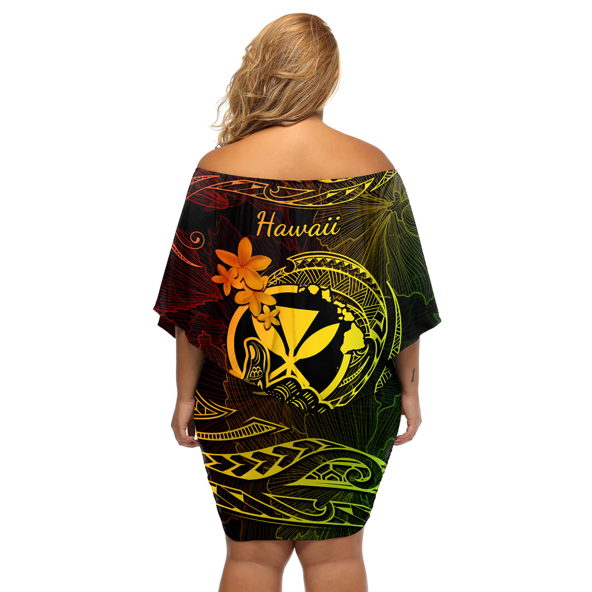 Hawaii Off Shoulder Short Dress Shaka Tattoo Mix Polynesian Plumeria Reggae Version - Wonder Print Shop