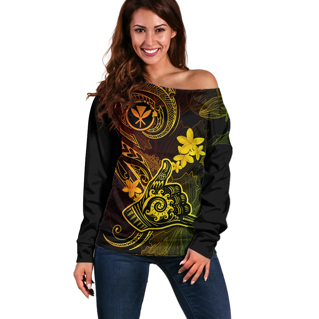 Hawaii Off Shoulder Sweater Shaka Tattoo Mix Polynesian Plumeria Reggae Version - Wonder Print Shop