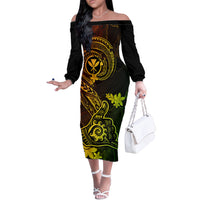 Hawaii Off The Shoulder Long Sleeve Dress Shaka Tattoo Mix Polynesian Plumeria Reggae Version - Wonder Print Shop