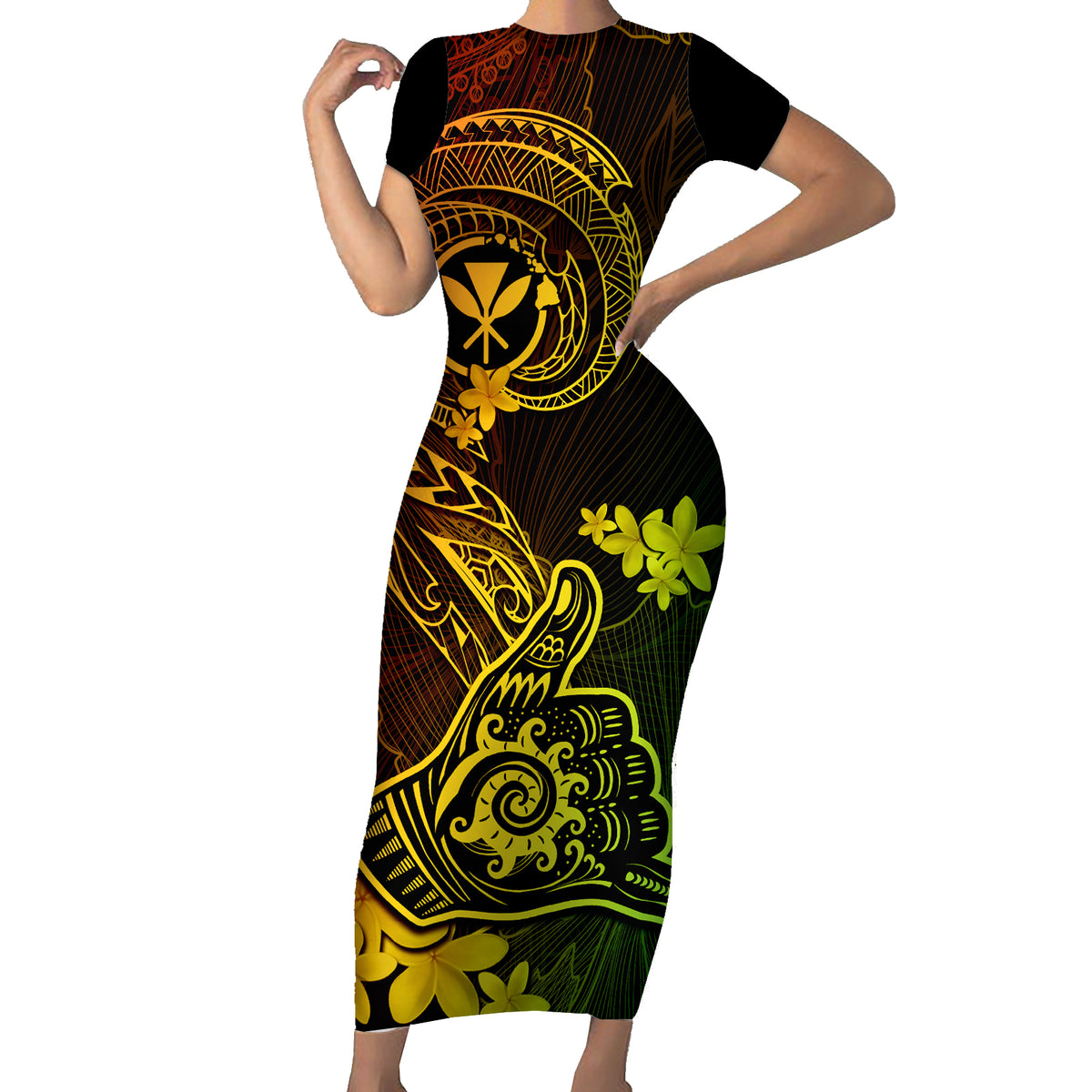 Hawaii Short Sleeve Bodycon Dress Shaka Tattoo Mix Polynesian Plumeria Reggae Version - Wonder Print Shop
