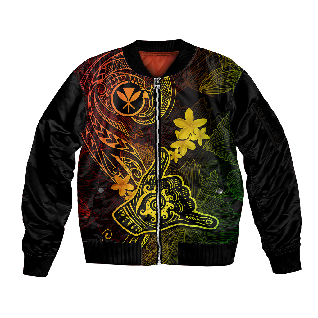 Hawaii Sleeve Zip Bomber Jacket Shaka Tattoo Mix Polynesian Plumeria Reggae Version - Wonder Print Shop