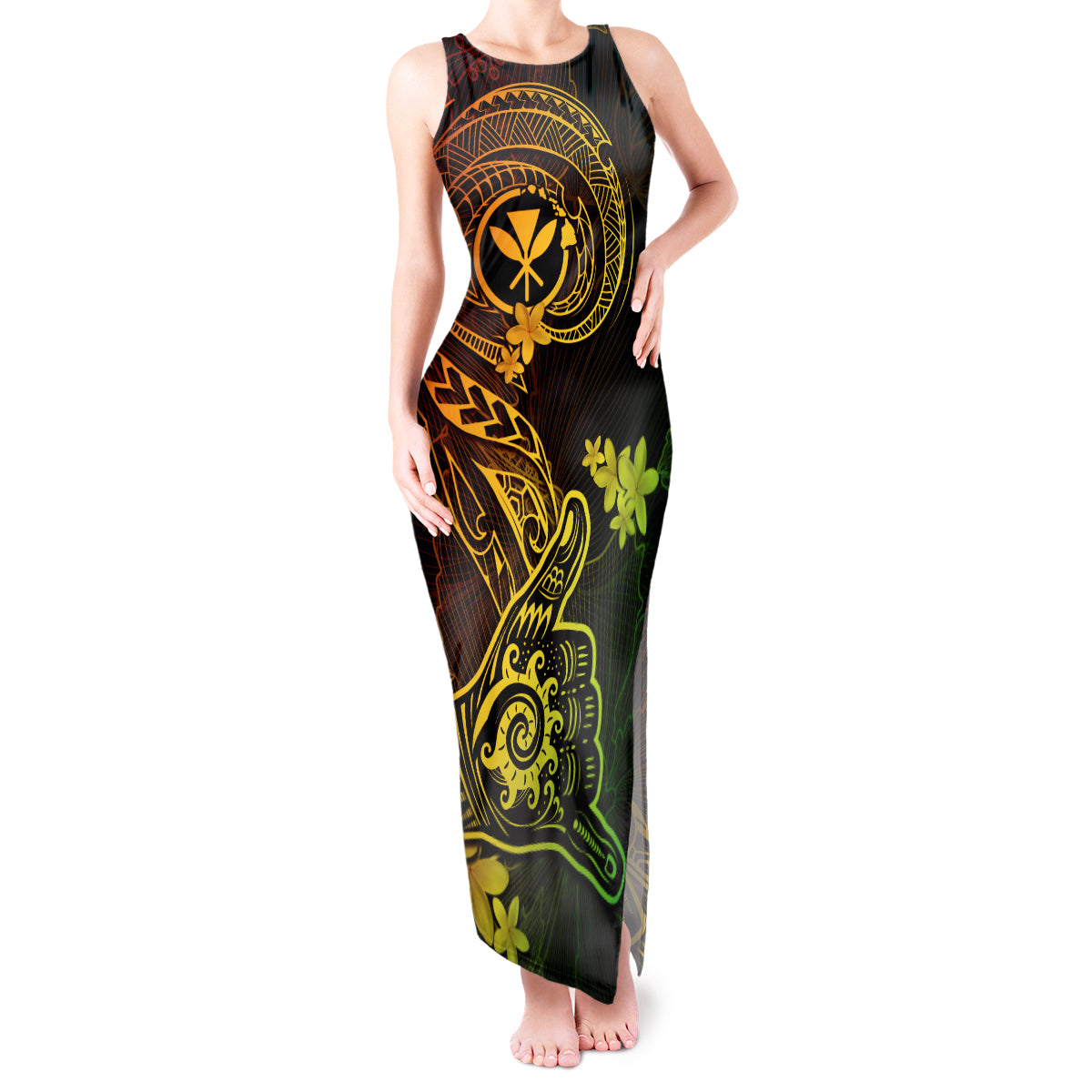 Hawaii Tank Maxi Dress Shaka Tattoo Mix Polynesian Plumeria Reggae Version - Wonder Print Shop