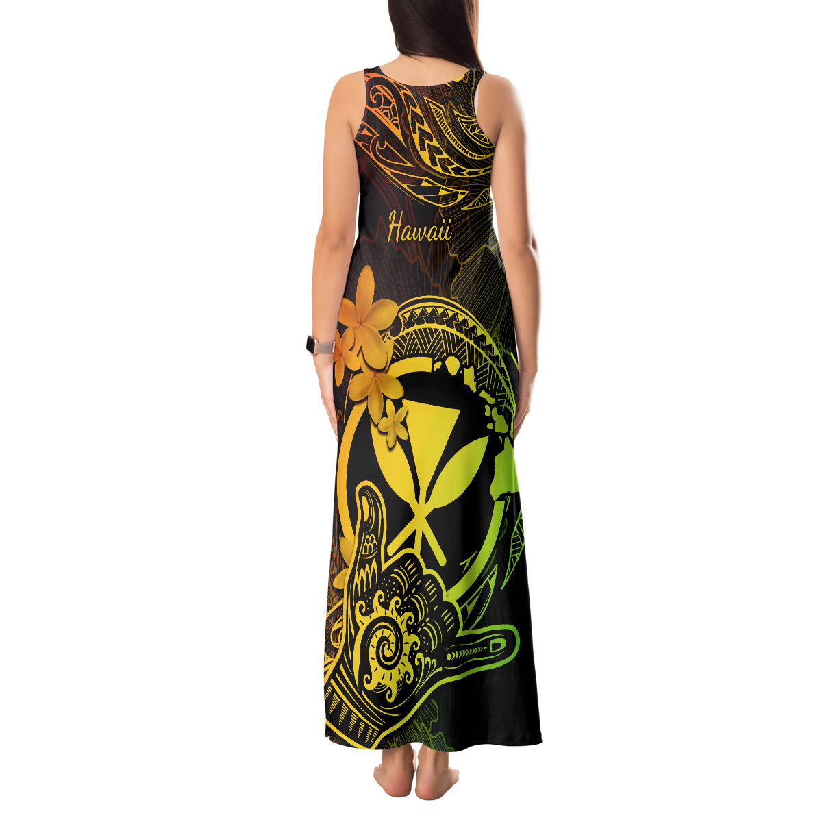 Hawaii Tank Maxi Dress Shaka Tattoo Mix Polynesian Plumeria Reggae Version - Wonder Print Shop