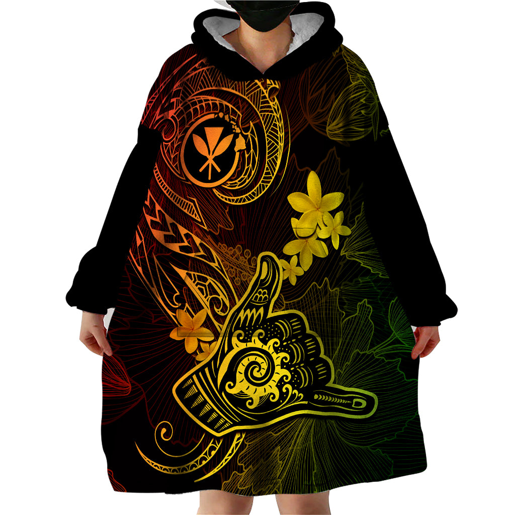 Hawaii Wearable Blanket Hoodie Shaka Tattoo Mix Polynesian Plumeria Reggae Version - Wonder Print Shop