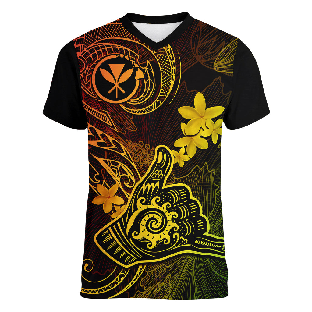 Hawaii Women V Neck T Shirt Shaka Tattoo Mix Polynesian Plumeria Reggae Version - Wonder Print Shop