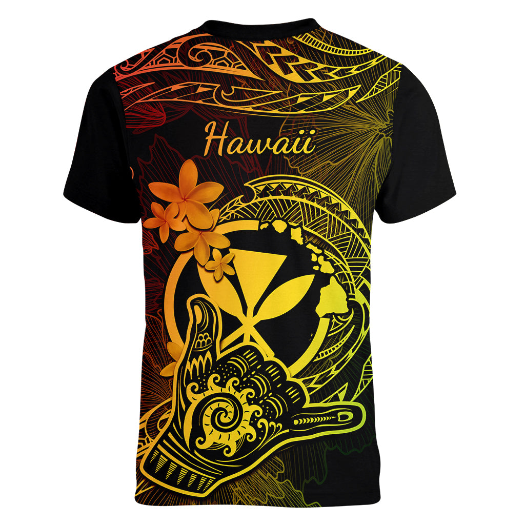 Hawaii Women V Neck T Shirt Shaka Tattoo Mix Polynesian Plumeria Reggae Version - Wonder Print Shop
