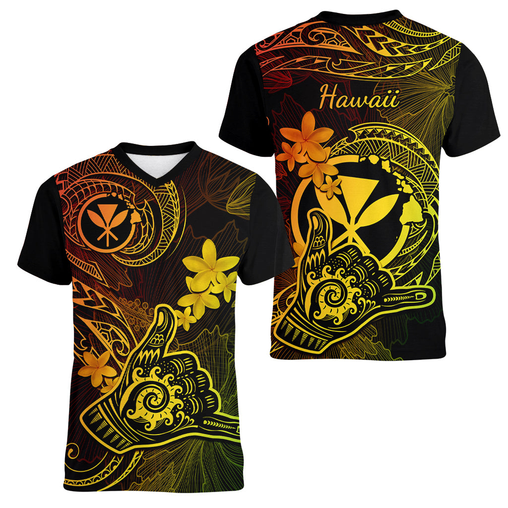 Hawaii Women V Neck T Shirt Shaka Tattoo Mix Polynesian Plumeria Reggae Version - Wonder Print Shop