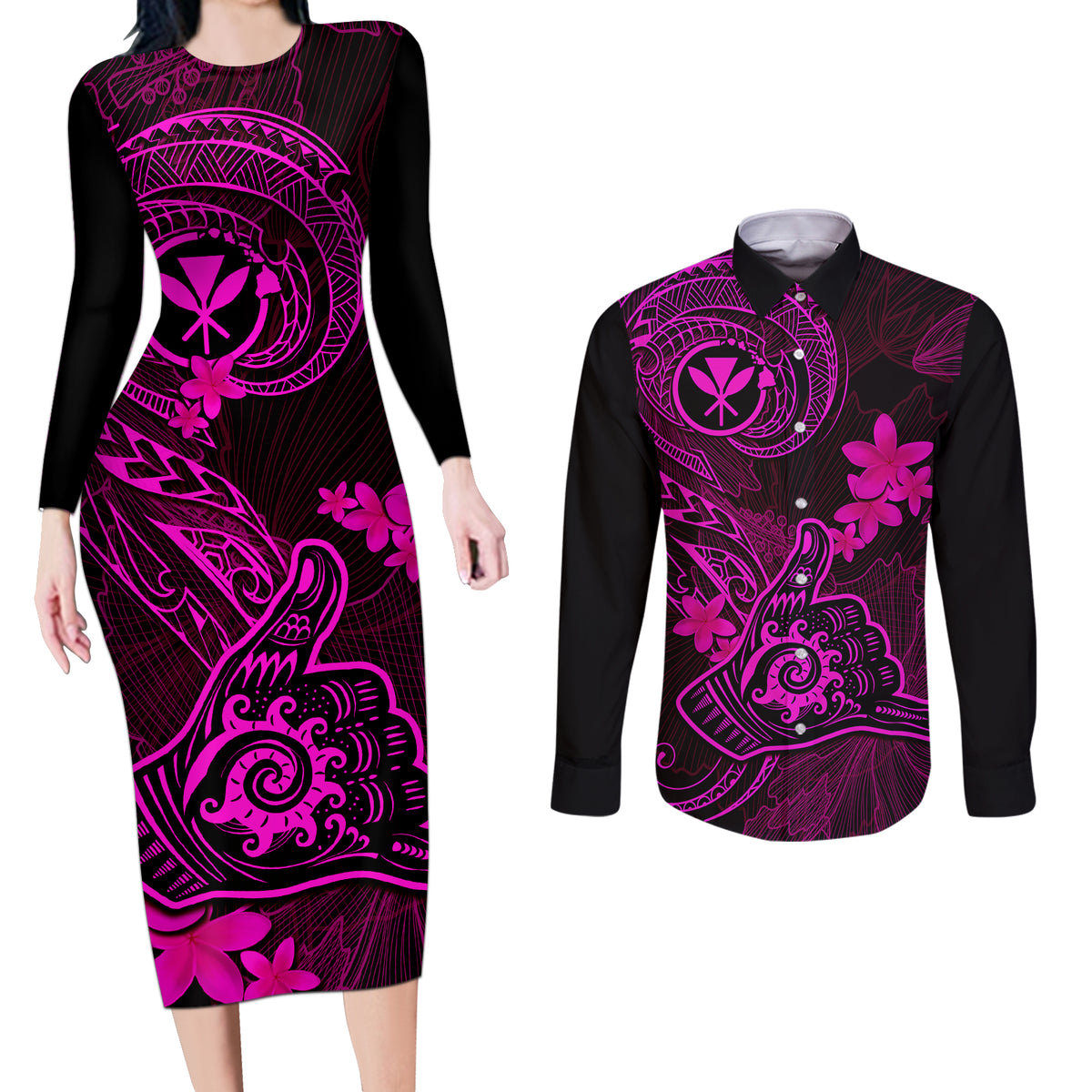 Hawaii Couples Matching Long Sleeve Bodycon Dress and Long Sleeve Button Shirts Shaka Tattoo Mix Polynesian Plumeria Pink Version - Wonder Print Shop
