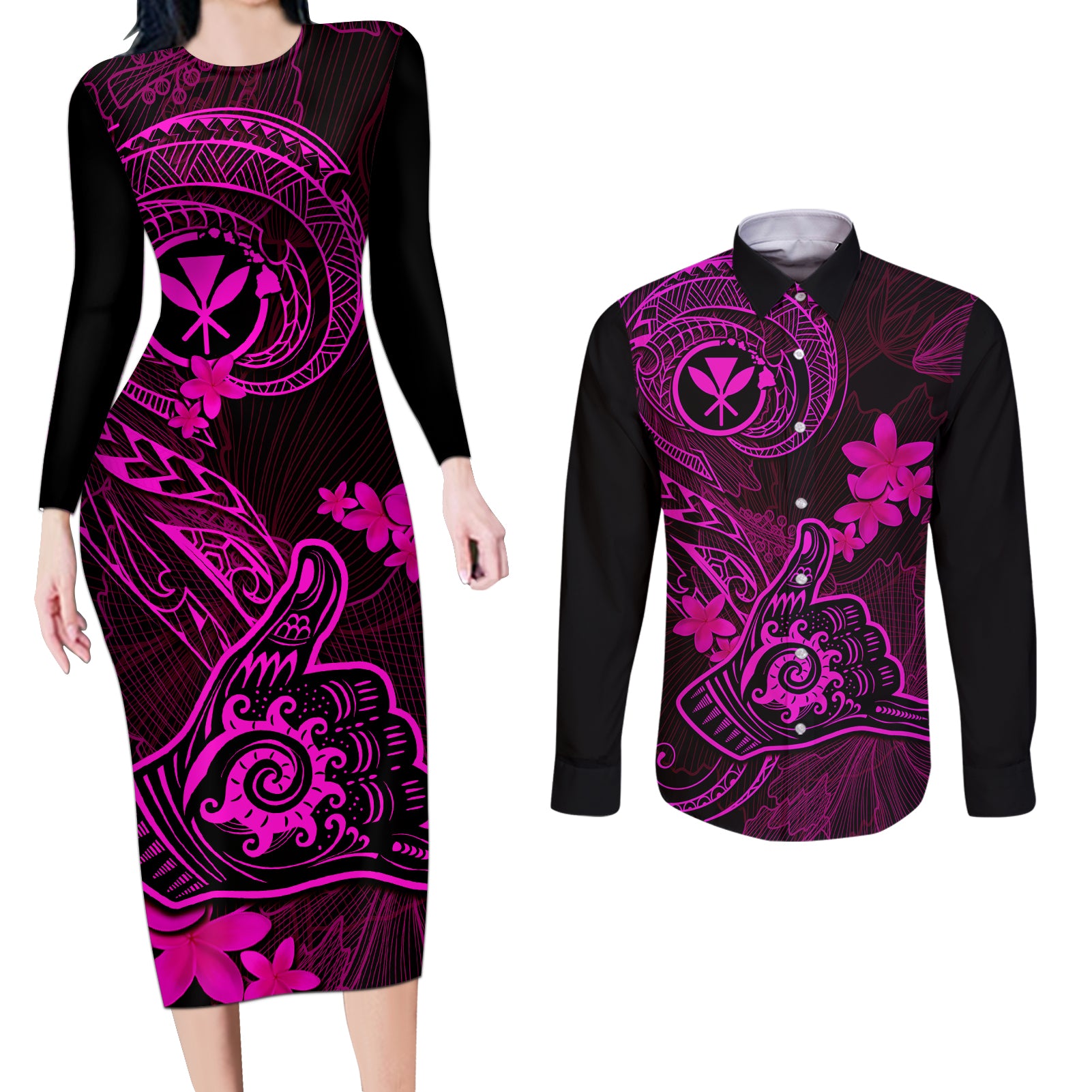 Hawaii Couples Matching Long Sleeve Bodycon Dress and Long Sleeve Button Shirts Shaka Tattoo Mix Polynesian Plumeria Pink Version - Wonder Print Shop