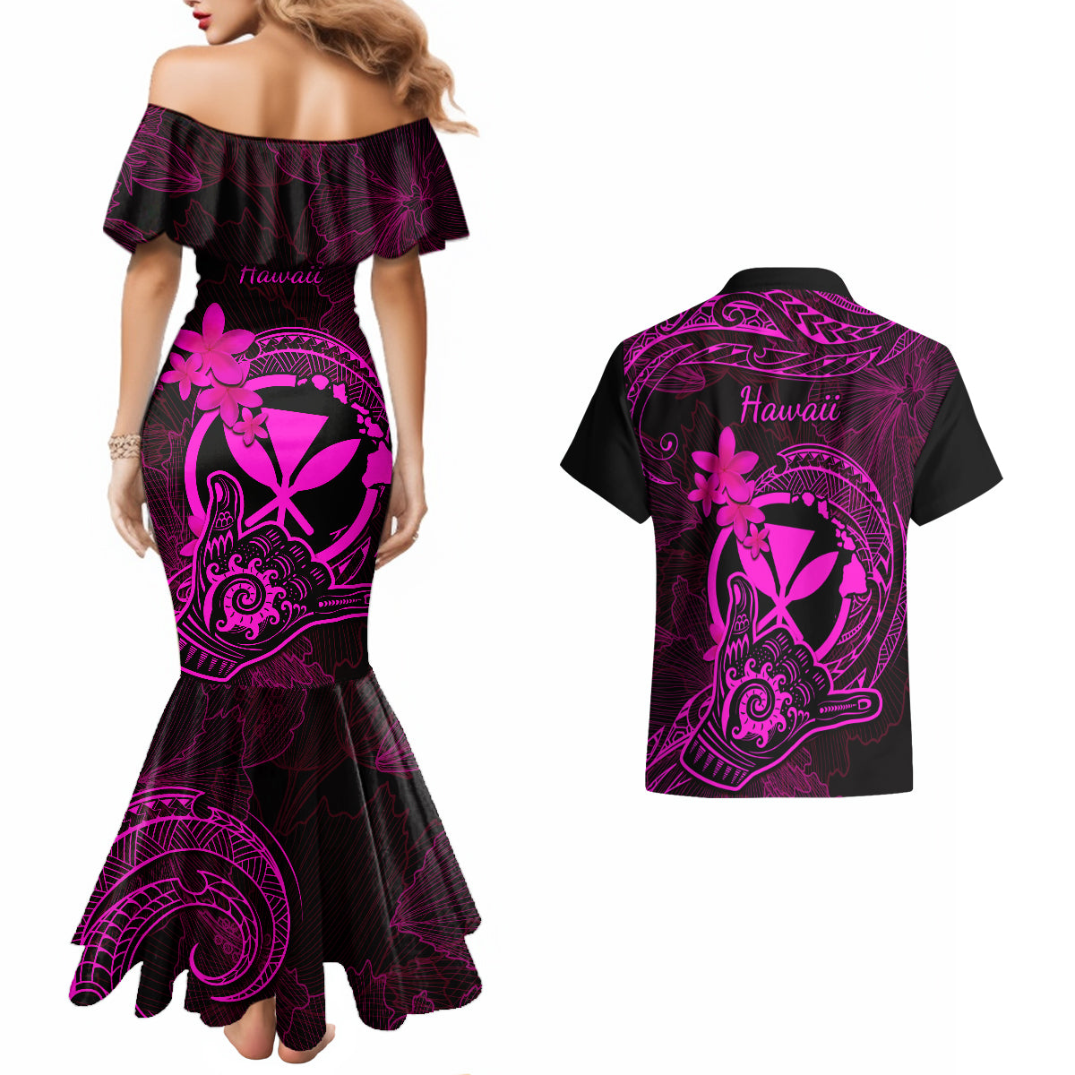 Hawaii Couples Matching Mermaid Dress and Hawaiian Shirt Shaka Tattoo Mix Polynesian Plumeria Pink Version - Wonder Print Shop