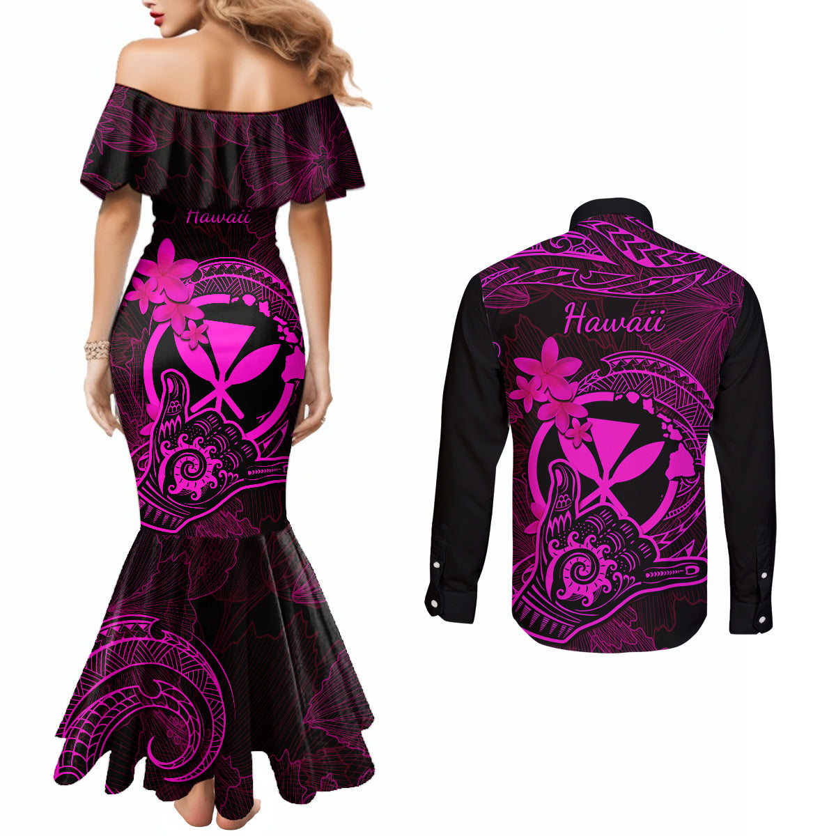 hawaii-couples-matching-mermaid-dress-and-long-sleeve-button-shirts-shaka-tattoo-mix-polynesian-plumeria-pink-version