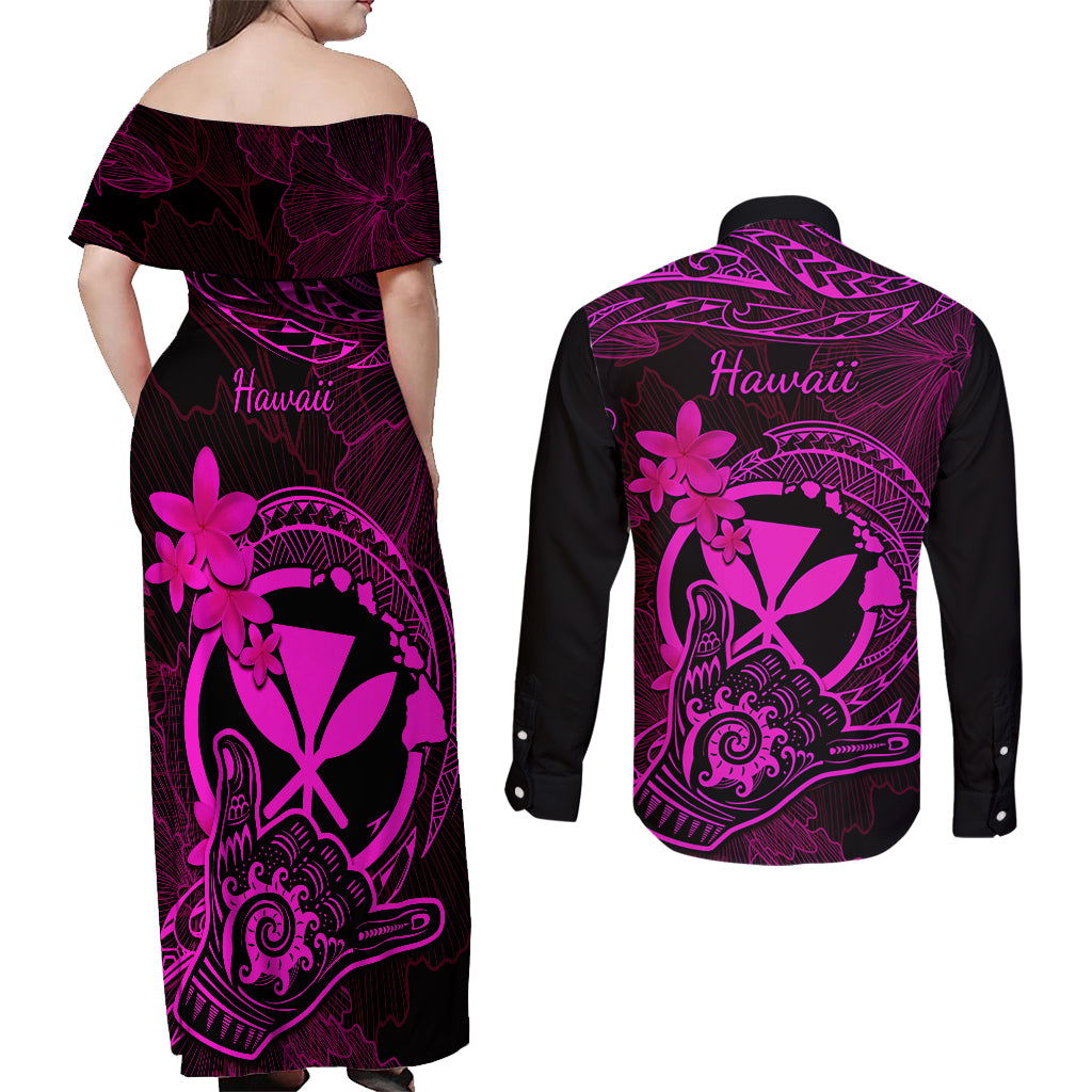 Hawaii Couples Matching Off Shoulder Maxi Dress and Long Sleeve Button Shirts Shaka Tattoo Mix Polynesian Plumeria Pink Version - Wonder Print Shop