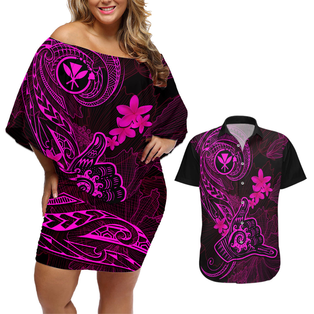 Hawaii Couples Matching Off Shoulder Short Dress and Hawaiian Shirt Shaka Tattoo Mix Polynesian Plumeria Pink Version - Wonder Print Shop