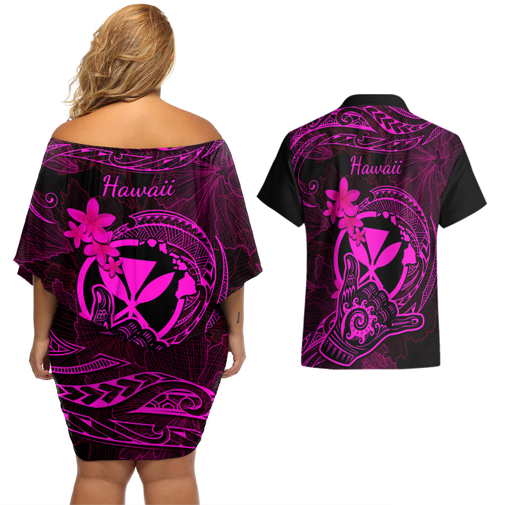 Hawaii Couples Matching Off Shoulder Short Dress and Hawaiian Shirt Shaka Tattoo Mix Polynesian Plumeria Pink Version - Wonder Print Shop