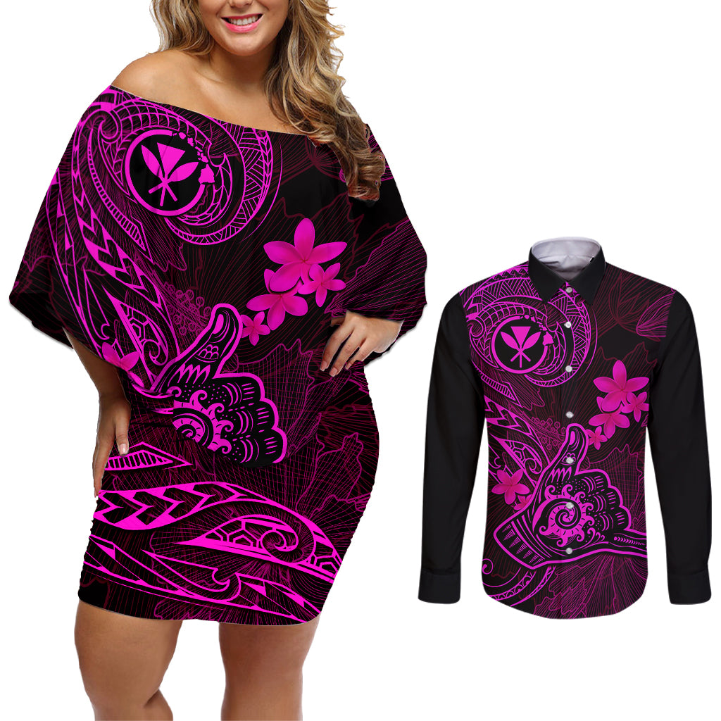 Hawaii Couples Matching Off Shoulder Short Dress and Long Sleeve Button Shirts Shaka Tattoo Mix Polynesian Plumeria Pink Version - Wonder Print Shop