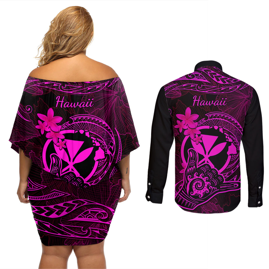 Hawaii Couples Matching Off Shoulder Short Dress and Long Sleeve Button Shirts Shaka Tattoo Mix Polynesian Plumeria Pink Version - Wonder Print Shop