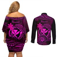Hawaii Couples Matching Off Shoulder Short Dress and Long Sleeve Button Shirts Shaka Tattoo Mix Polynesian Plumeria Pink Version - Wonder Print Shop