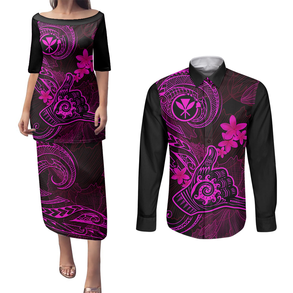 Hawaii Couples Matching Puletasi Dress and Long Sleeve Button Shirts Shaka Tattoo Mix Polynesian Plumeria Pink Version - Wonder Print Shop