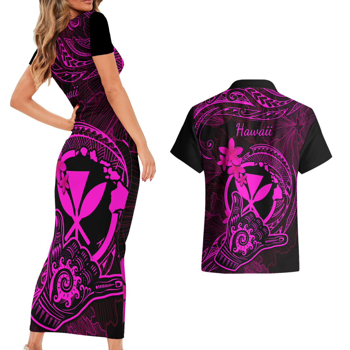 Hawaii Couples Matching Short Sleeve Bodycon Dress and Hawaiian Shirt Shaka Tattoo Mix Polynesian Plumeria Pink Version - Wonder Print Shop