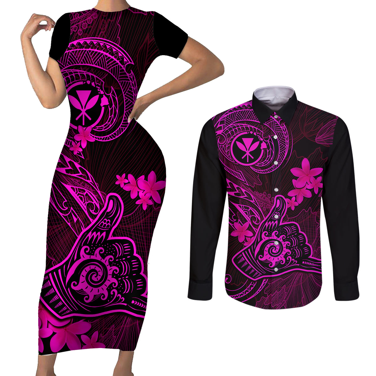 Hawaii Couples Matching Short Sleeve Bodycon Dress and Long Sleeve Button Shirts Shaka Tattoo Mix Polynesian Plumeria Pink Version - Wonder Print Shop