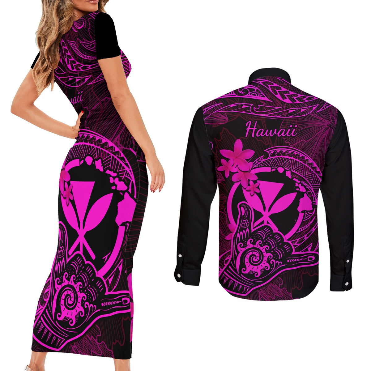 Hawaii Couples Matching Short Sleeve Bodycon Dress and Long Sleeve Button Shirts Shaka Tattoo Mix Polynesian Plumeria Pink Version - Wonder Print Shop