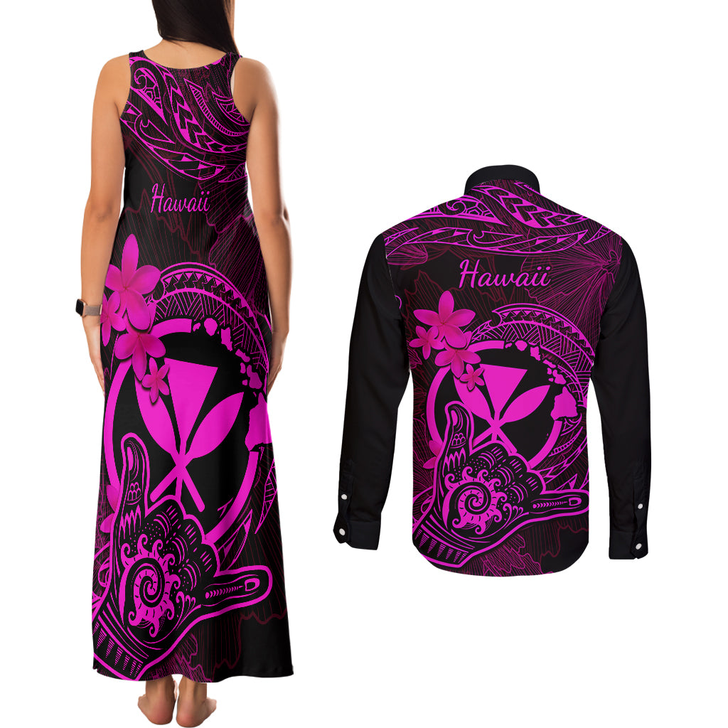 Hawaii Couples Matching Tank Maxi Dress and Long Sleeve Button Shirts Shaka Tattoo Mix Polynesian Plumeria Pink Version - Wonder Print Shop