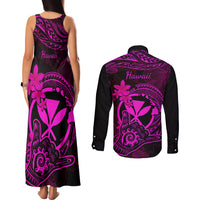 Hawaii Couples Matching Tank Maxi Dress and Long Sleeve Button Shirts Shaka Tattoo Mix Polynesian Plumeria Pink Version - Wonder Print Shop
