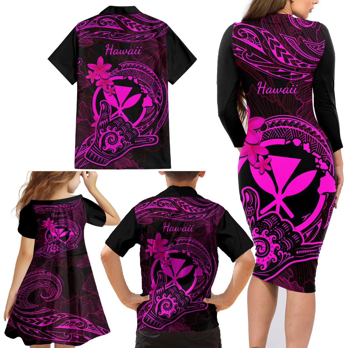 Hawaii Family Matching Long Sleeve Bodycon Dress and Hawaiian Shirt Shaka Tattoo Mix Polynesian Plumeria Pink Version - Wonder Print Shop